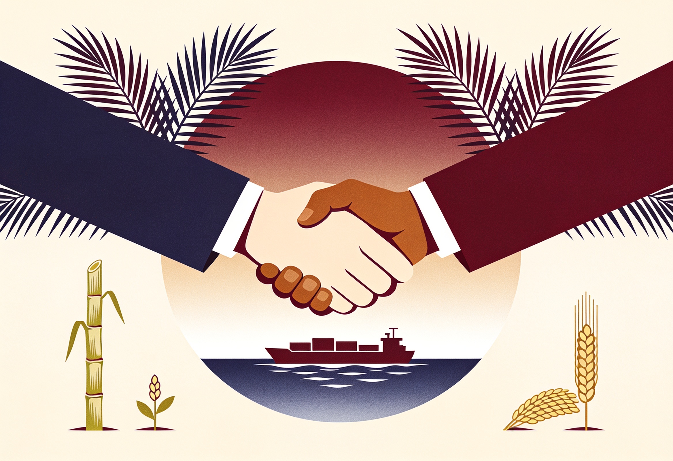Two hands clasped over a stylised ocean ringed by palm fronds, sugarcane, crop icons and a small ship