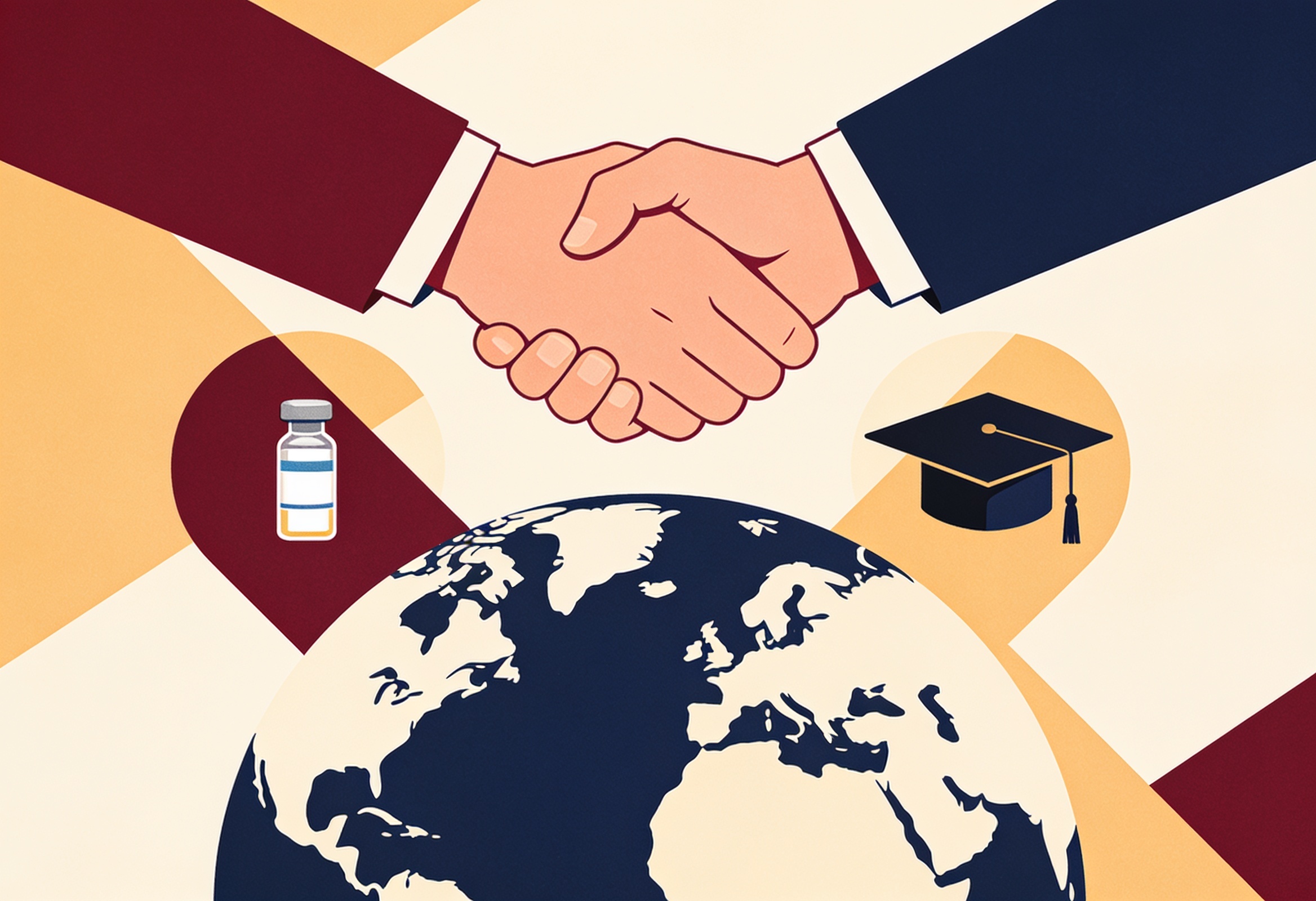 Illustration of India and Ghana partnership with motifs of a vaccine vial, graduation cap and clasped hands over a globe.