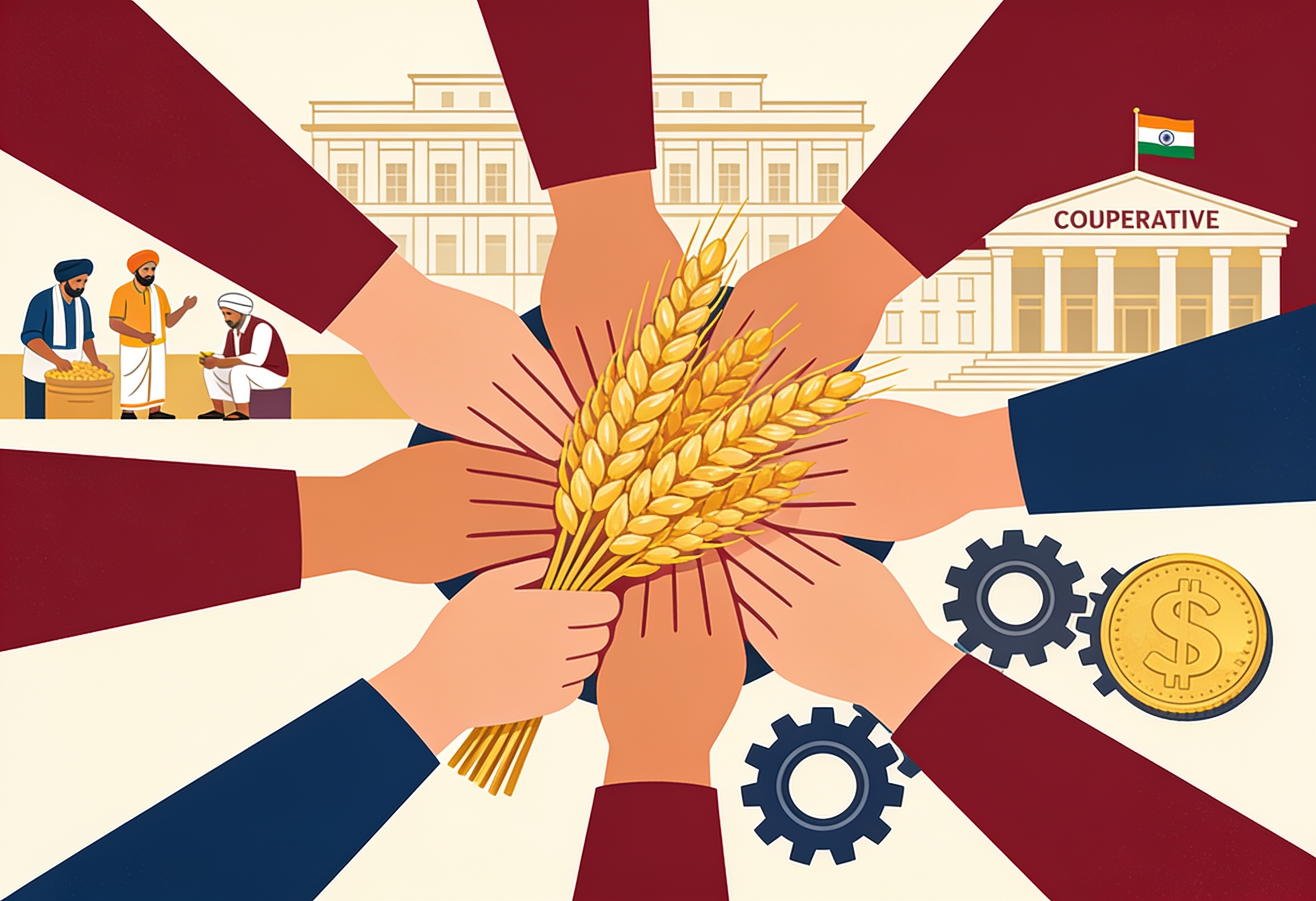 Flat editorial illustration of many hands joining around a shared sheaf of grain beside a cooperative society building, symbolising collective rural enterprise.