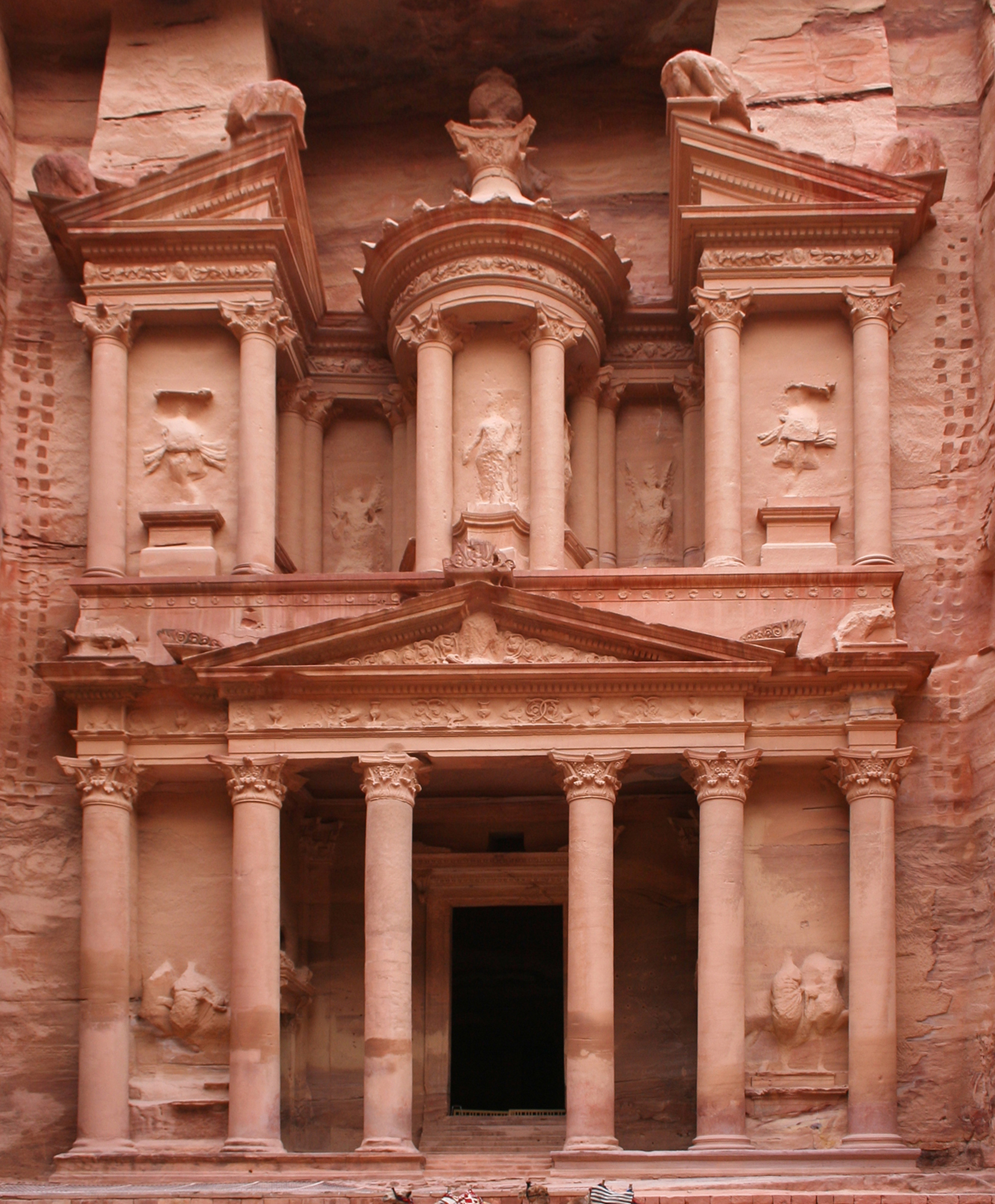 The carved rock facade of Al-Khazneh (the Treasury) at Petra in Jordan