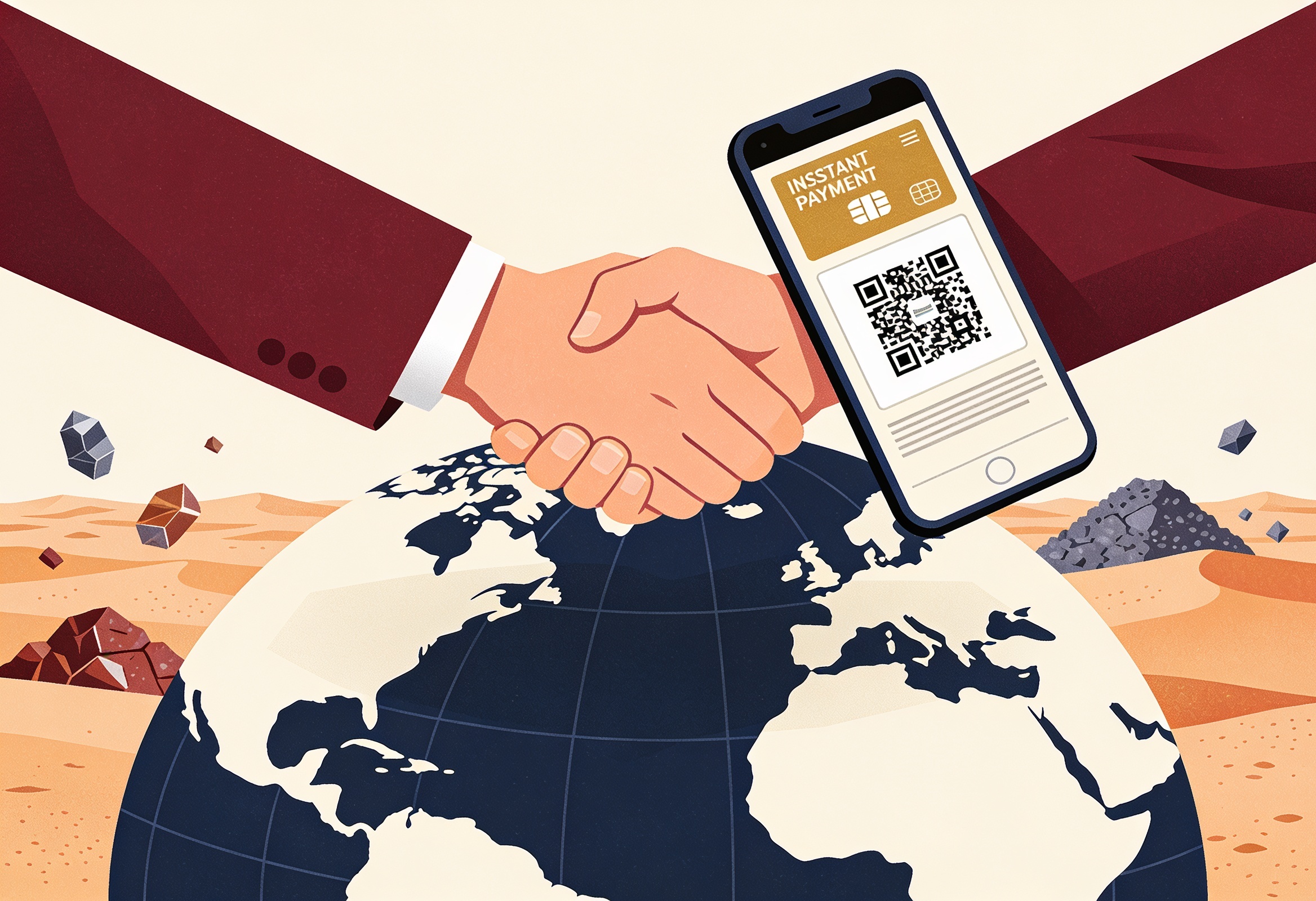 Illustration of India and Namibia digital-payments partnership with a smartphone QR payment, clasped hands and motifs of minerals over a globe.