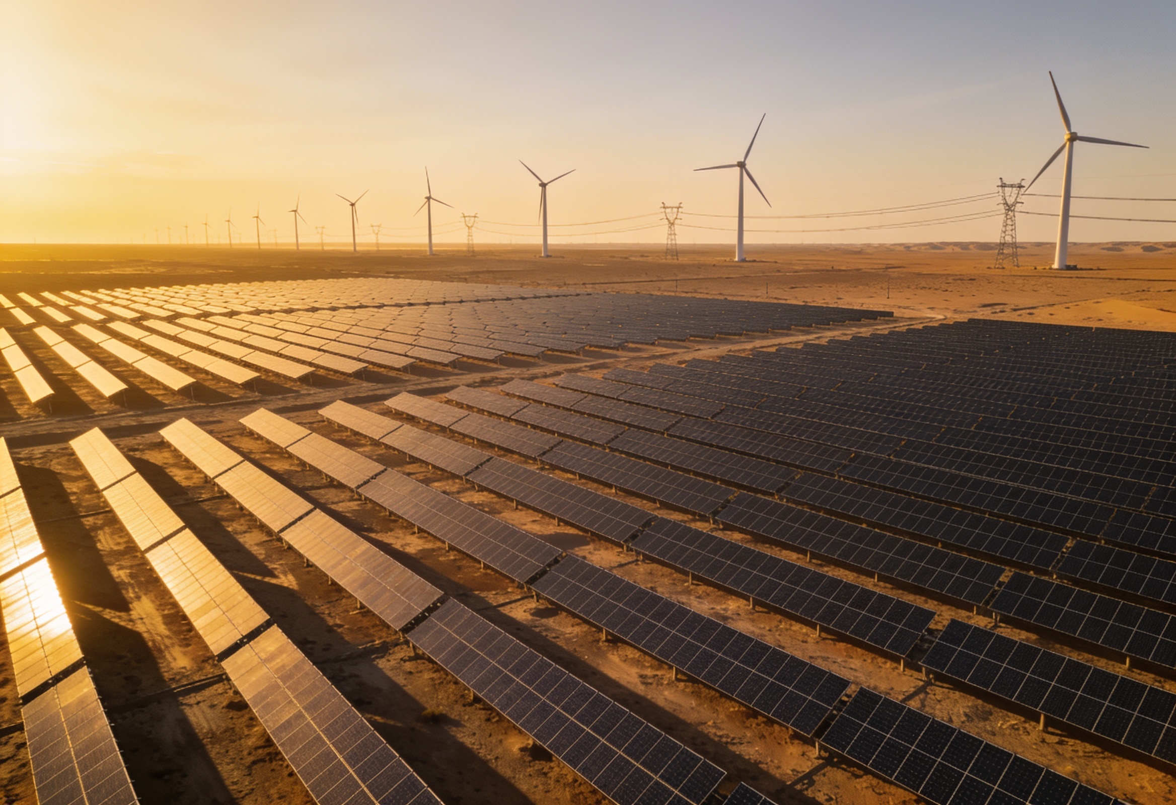 Aerial view of a large solar park with rows of panels and distant wind turbines