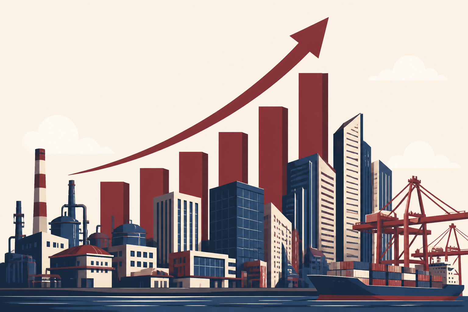 Editorial illustration of a rising growth chart over an industrial and services skyline