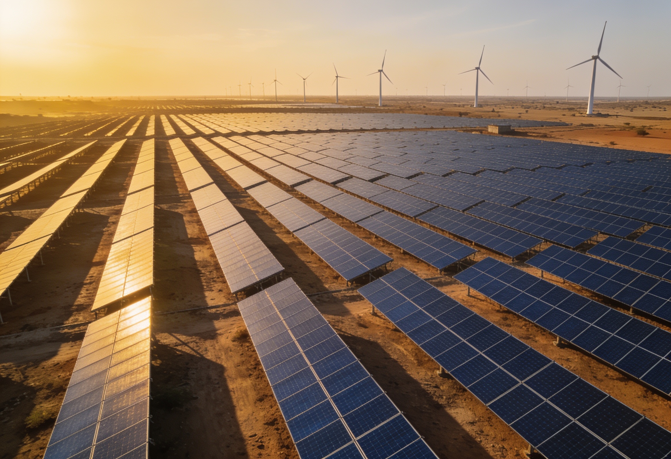 Aerial view of a large solar panel farm with wind turbines on the horizon