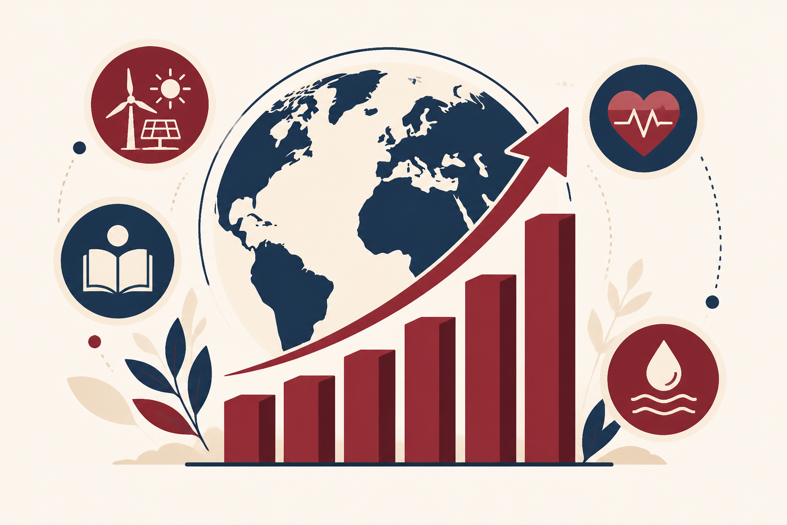 Illustration of a rising bar chart and upward arrow with icons for energy, education, health and water representing sustainable development progress