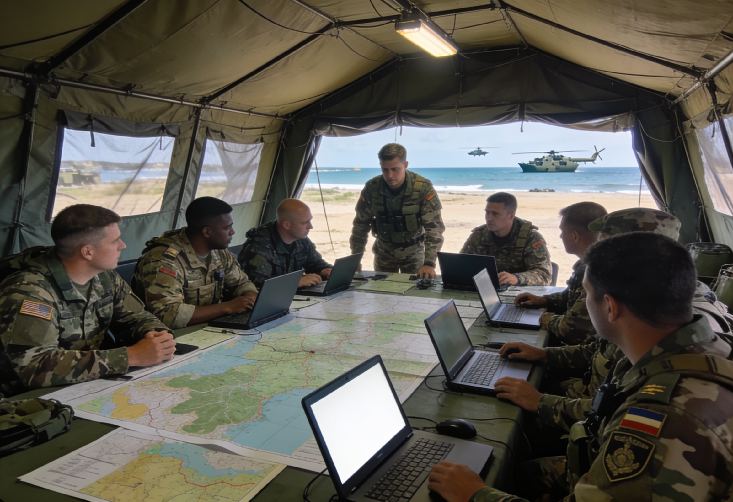Multinational military officers planning a joint exercise around a tactical map table in an operations tent.
