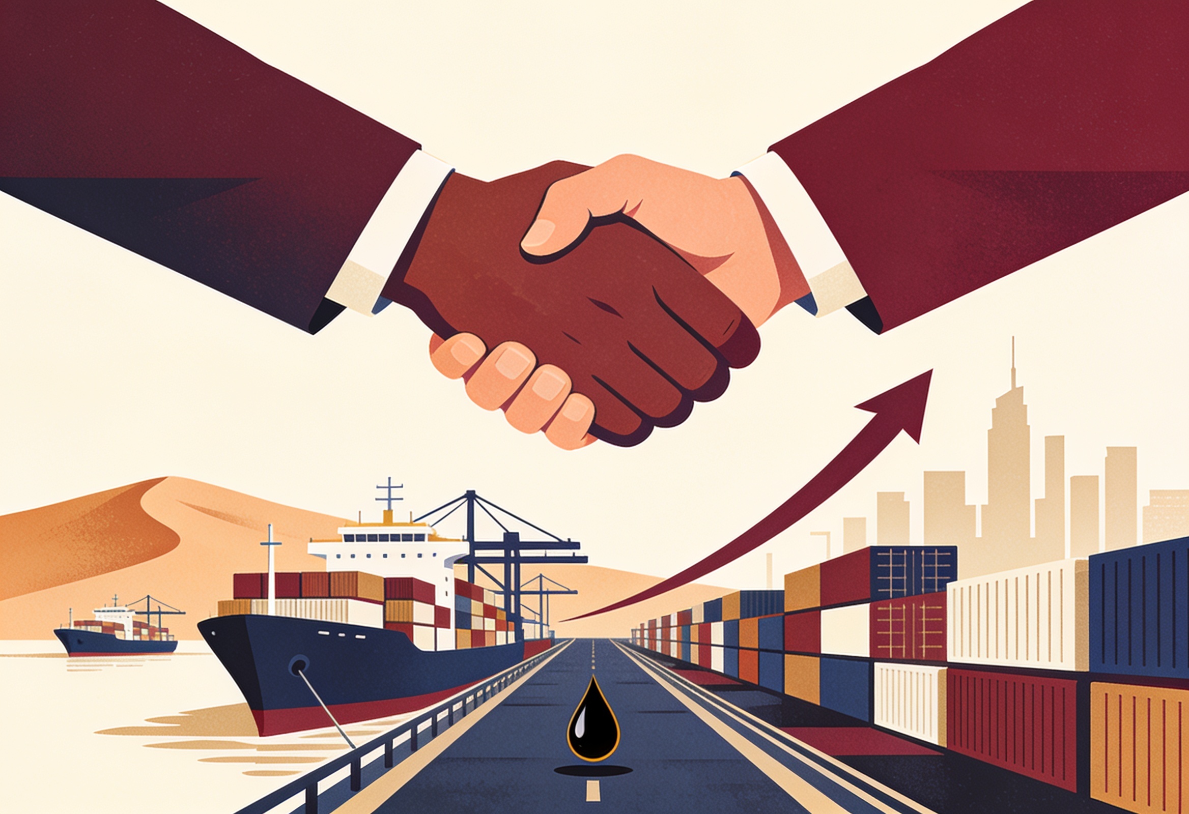 Flat editorial illustration of a handshake over a stylised trade port with cargo ships, containers, an oil drop and a rising arrow against a desert-and-skyline silhouette.