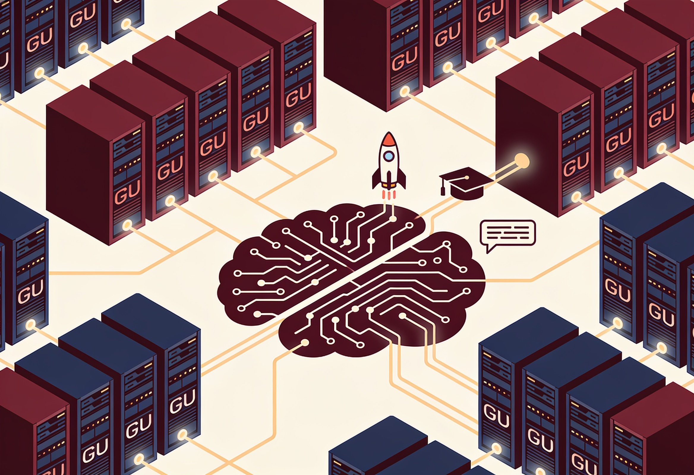 Stylised AI data centre with GPU server racks linked to a circuit-pattern brain and icons for startups, skilling and languages