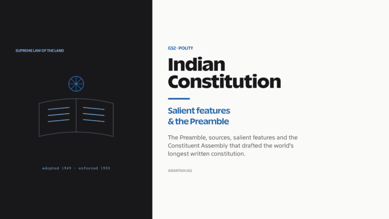 Indian Constitution: salient features, the Preamble and the sources behind the world's longest written constitution.
