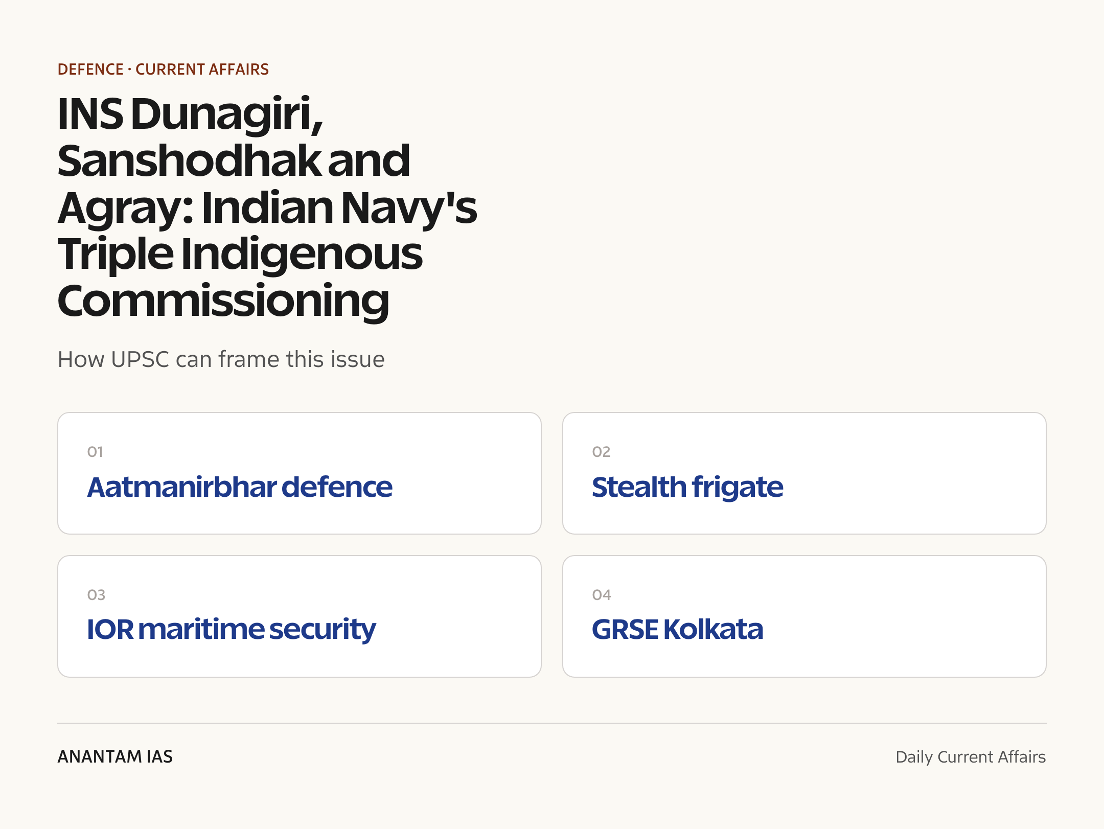 INS Dunagiri, Sanshodhak and Agray: Indian Navy's Triple Indigenous Commissioning — exam lens