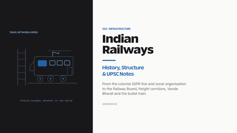 Indian Railways: organisational structure, zones, modernisation projects and significance.