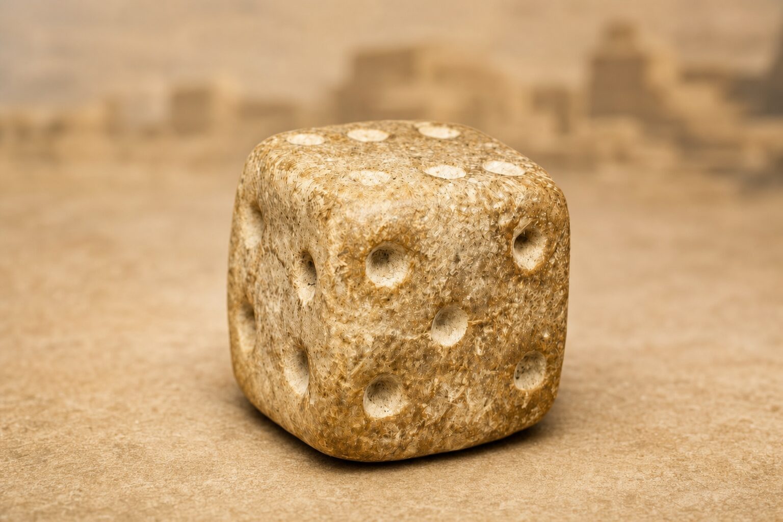 A close-up studio render of the Indus Valley terracotta dice, drilled pips visible, against a soft sandstone background