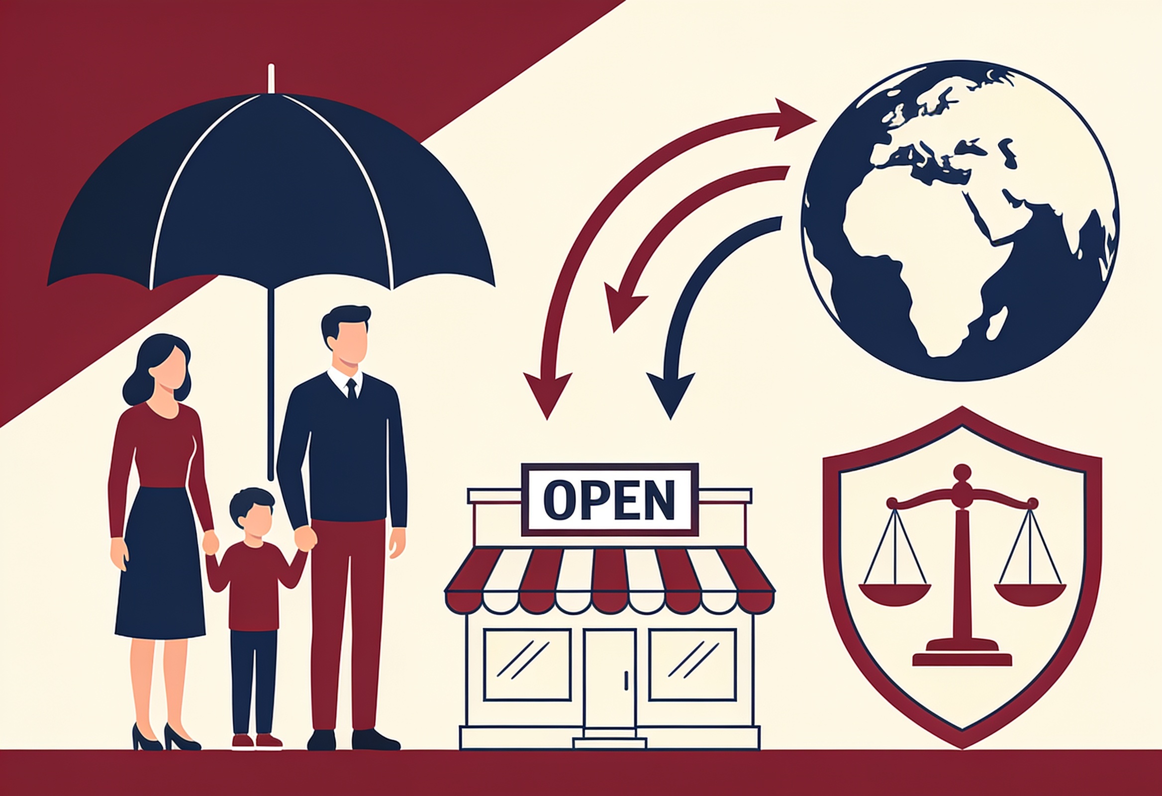 Flat illustration of a protective umbrella over a family and business with capital inflow arrows and a regulator shield
