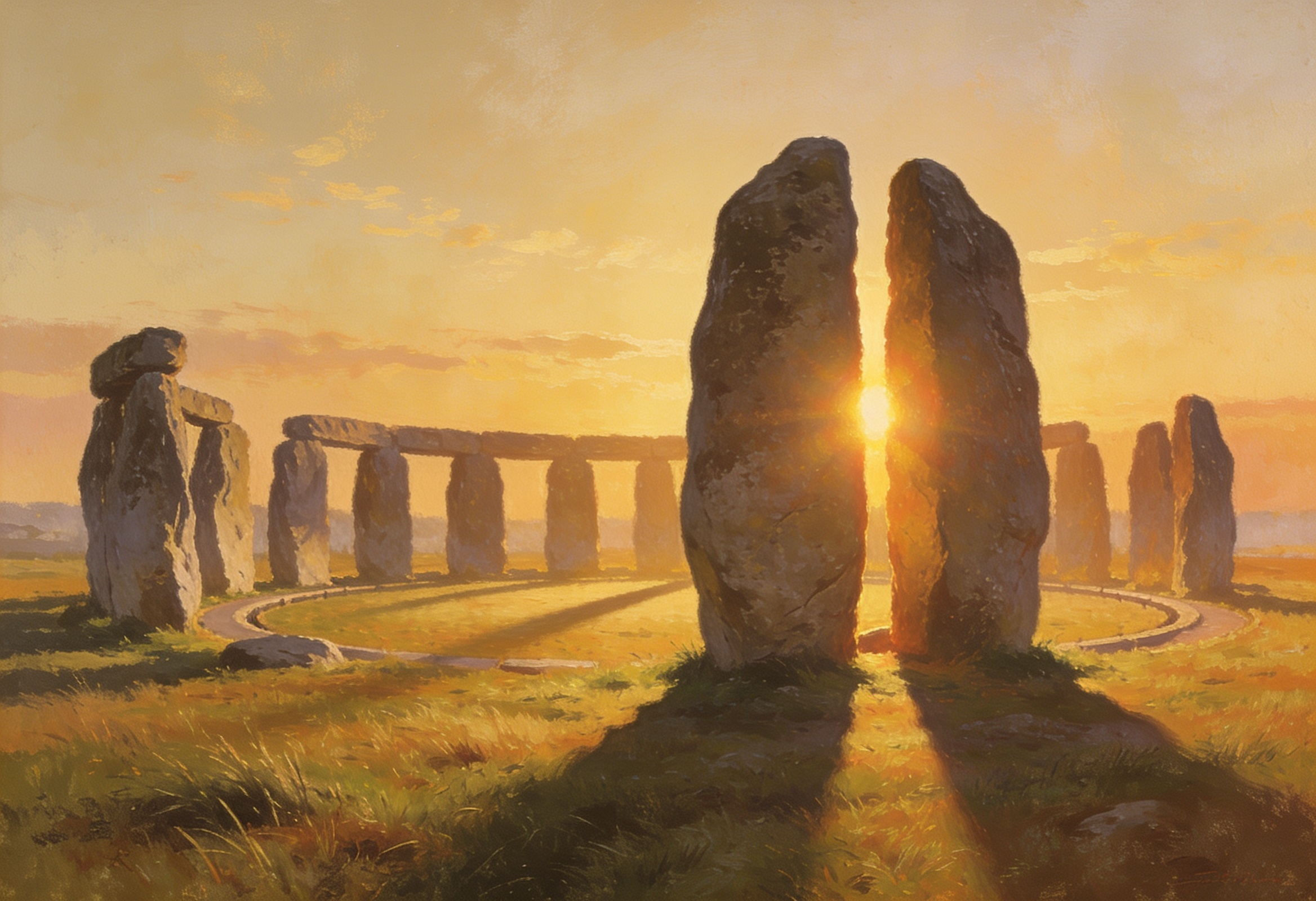 Tall upright megalithic standing stones in an open field