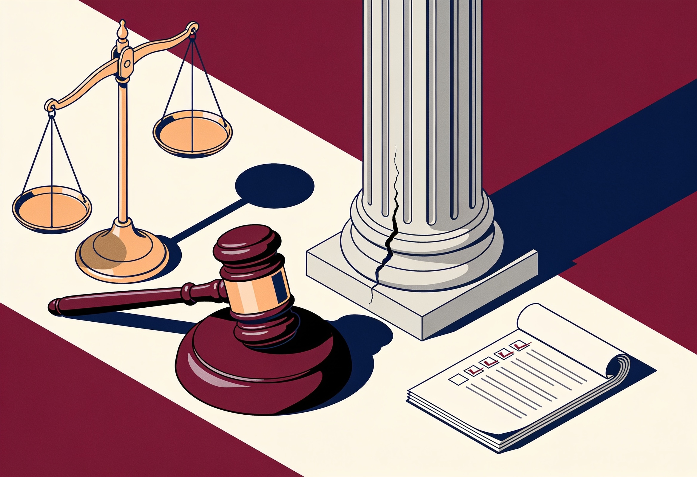 Illustration of a gavel, scales of justice, a cracked pillar and a checklist document representing the judicial removal process.