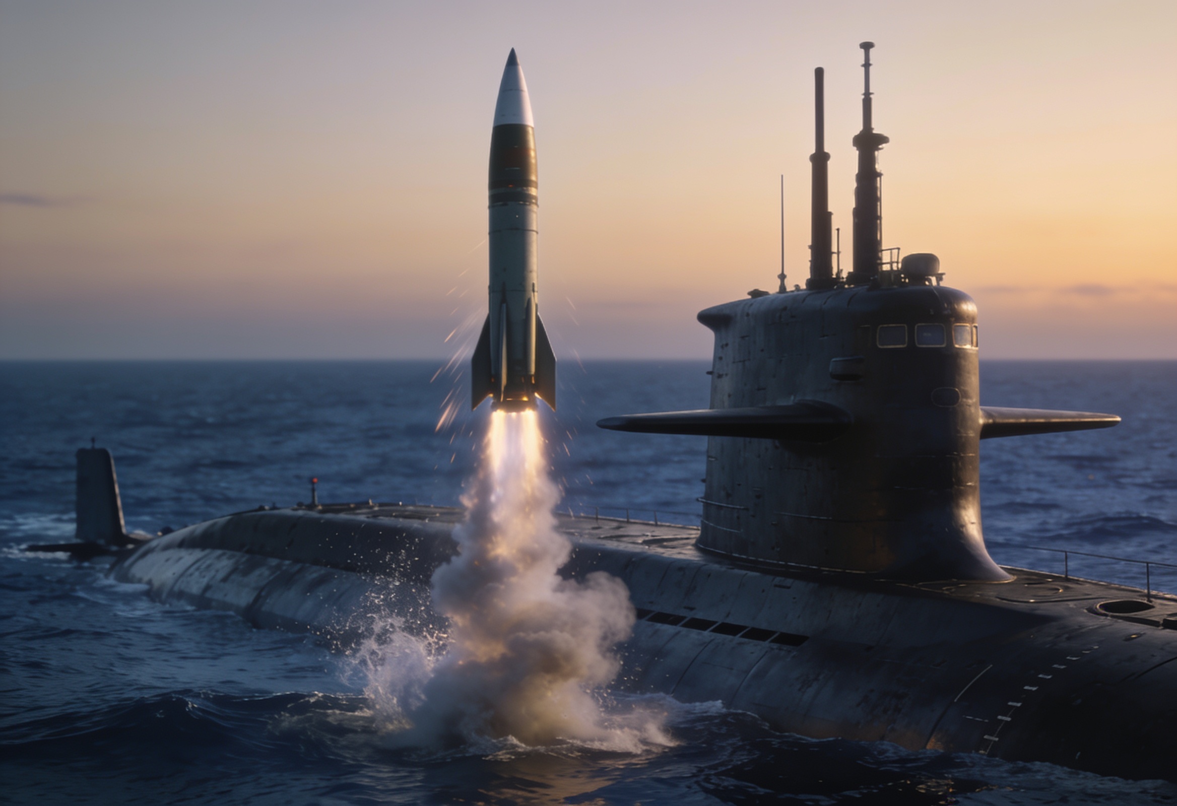 Illustration of a submarine launching a ballistic missile from the sea at dusk