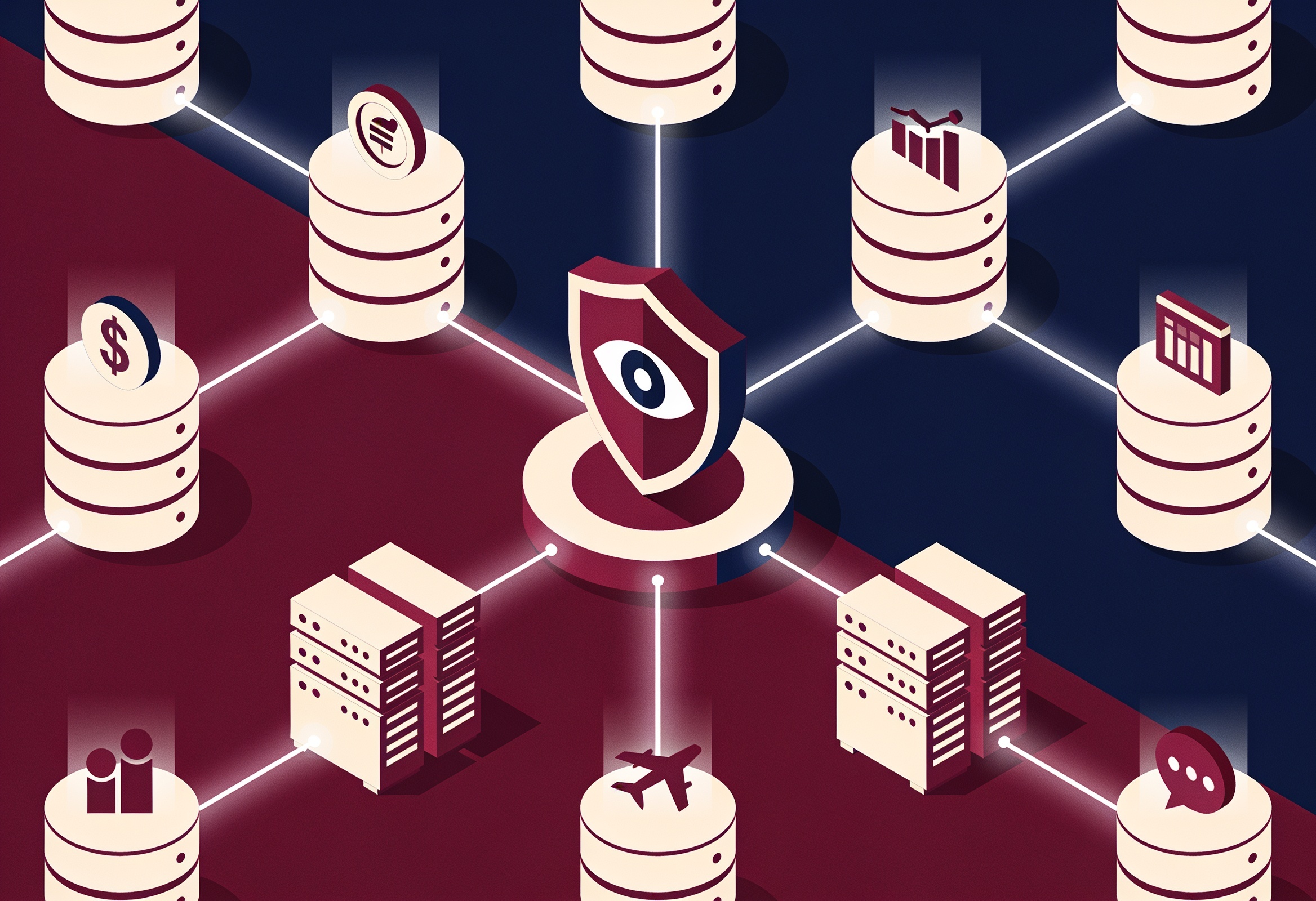 Illustration of interconnected database and server nodes feeding network lines into a central shield-and-eye hub