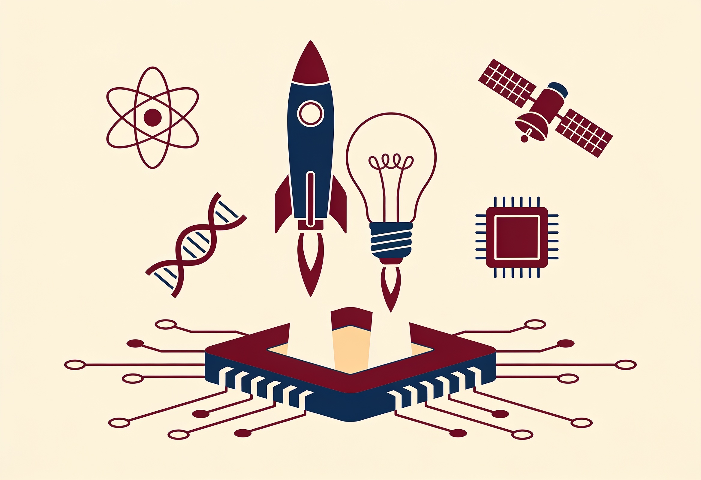 Stylised rocket and lightbulb rising from a circuit board ringed by atom, DNA, microchip and satellite icons