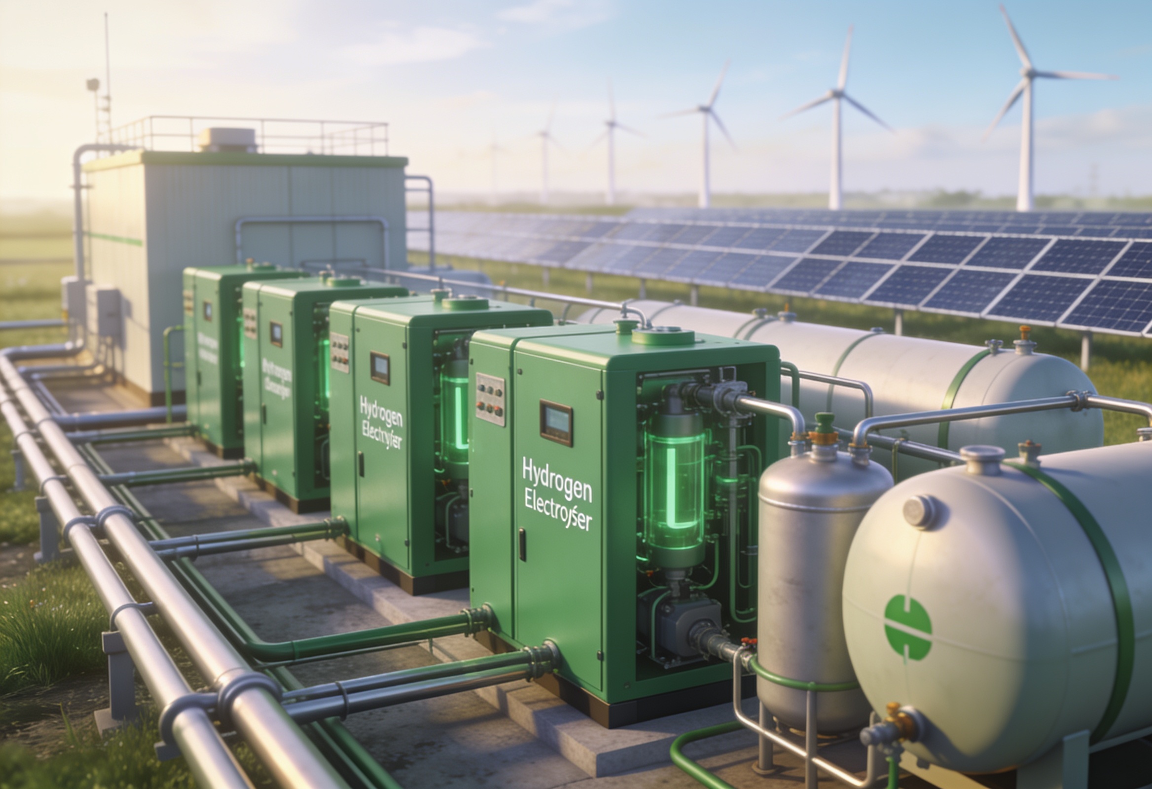 Green-hydrogen electrolyser plant beside solar panels and wind turbines