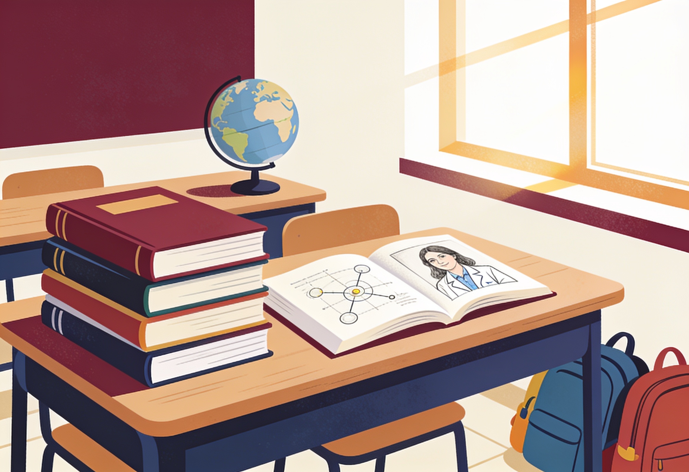 Illustration of new school textbooks on a desk in a bright classroom