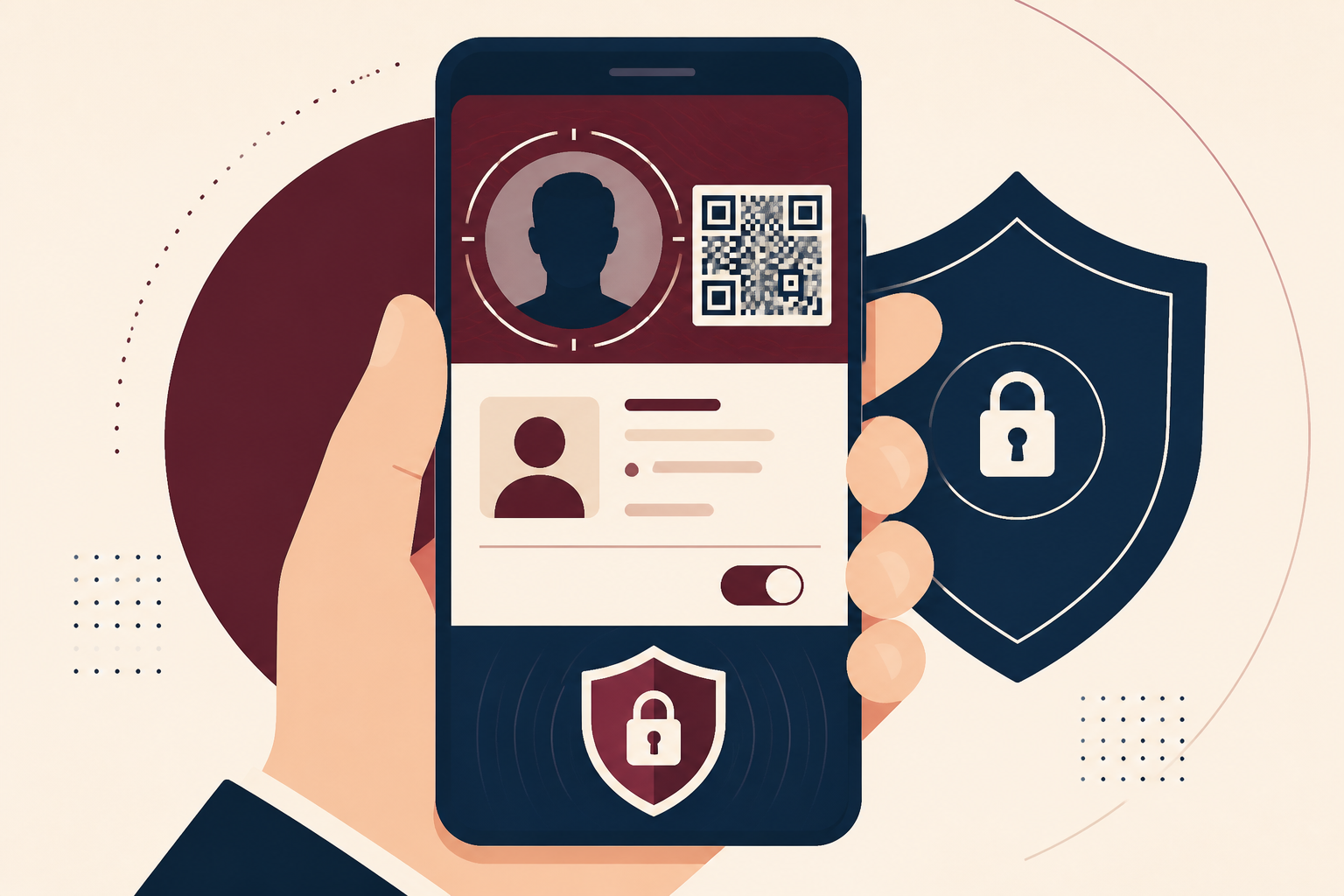 Flat illustration of a smartphone showing a digital identity card with a face-scan ring, QR code, consent toggle and a protective shield.