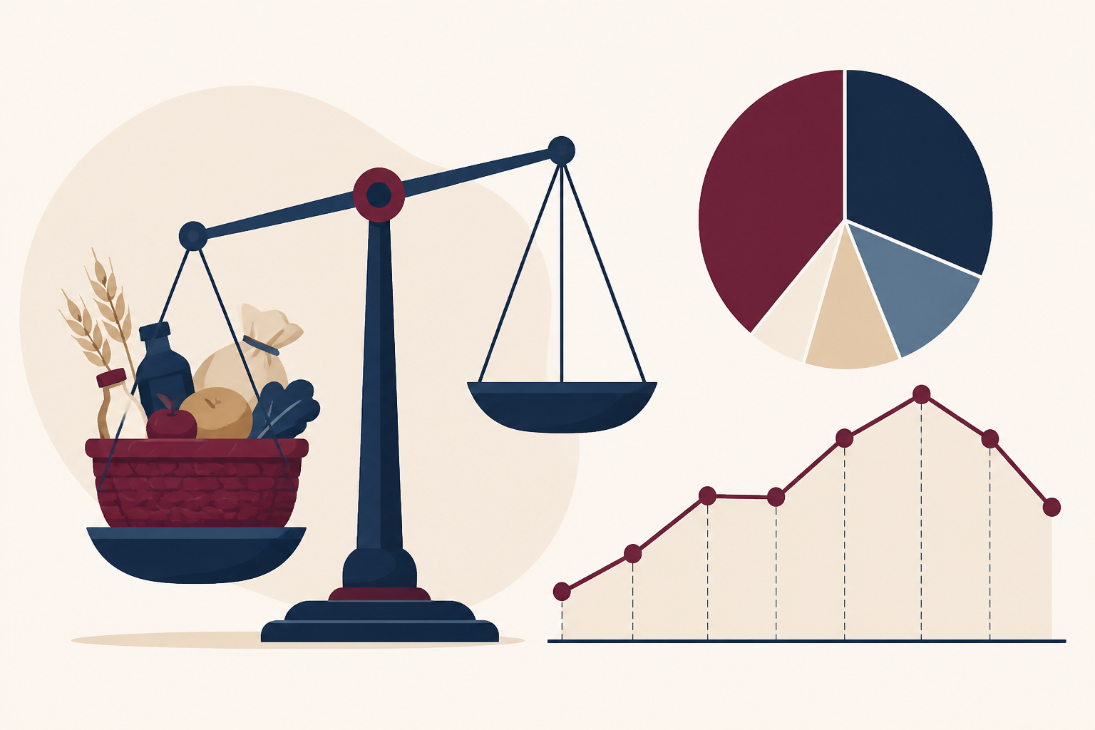 Illustration of a shopping basket on a balance scale beside a pie chart and a price-trend line graph, representing a revised price index basket.