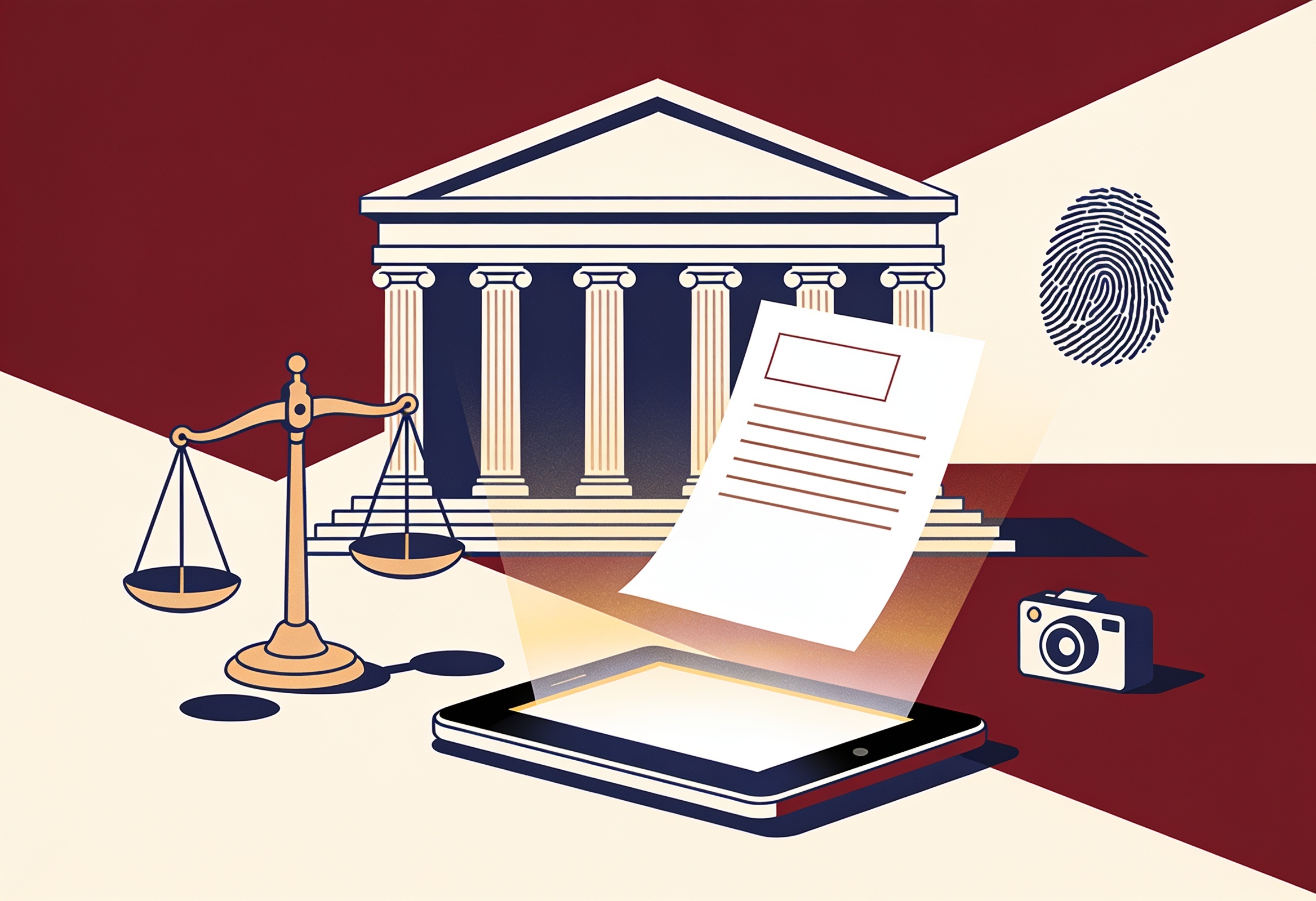 Illustration of a courthouse, a digital case file, a balance scale and forensic motifs representing criminal-justice reform