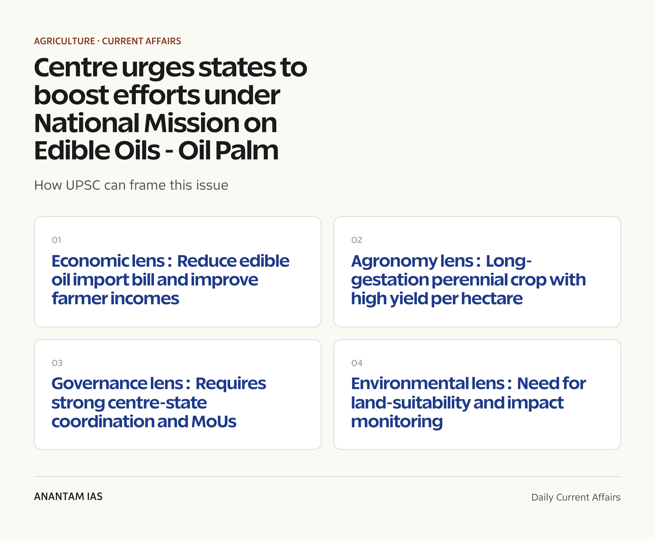 Centre urges states to boost efforts under National Mission on Edible Oils - Oil Palm — exam lens