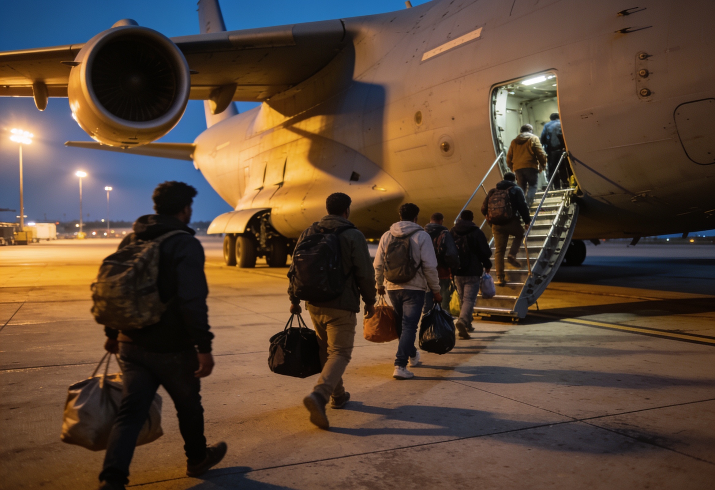 Evacuees boarding a military transport aircraft on a tarmac at dusk