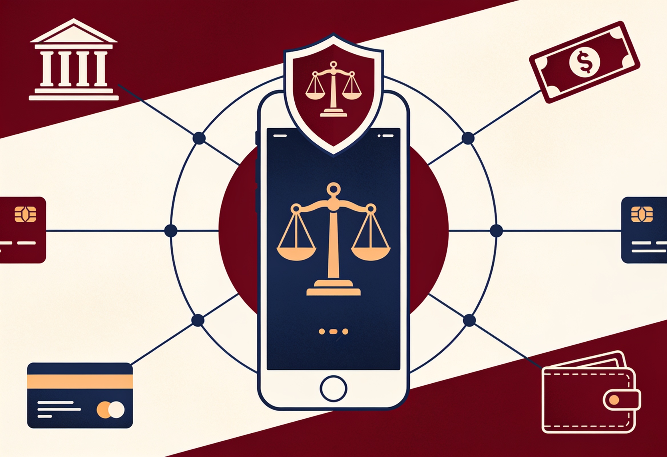 Illustration of a smartphone showing a digital payment surrounded by a regulatory shield and interlinked bank and card icons.