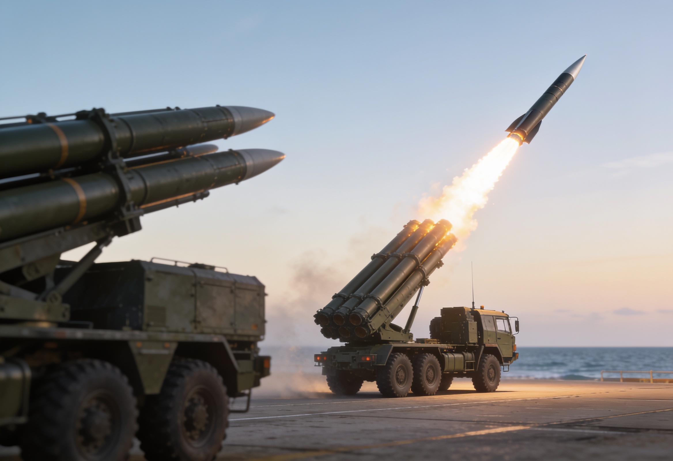 Illustration of a tactical surface-to-surface missile launching from a mobile launcher beside a multi-barrel rocket launcher at a coastal test range