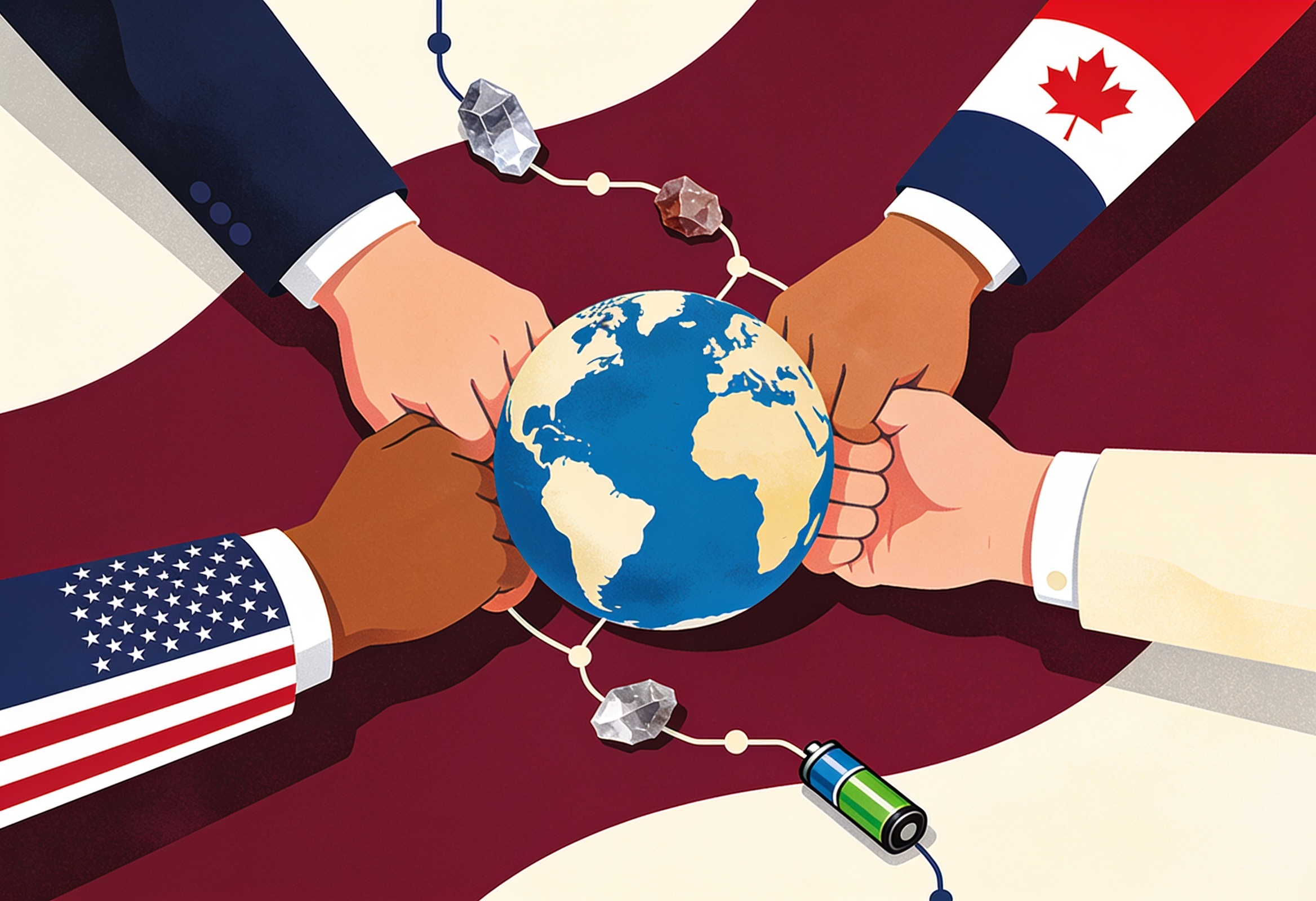 Illustration of four partner nations cooperating over an Indo-Pacific globe linked by critical-mineral supply chains.