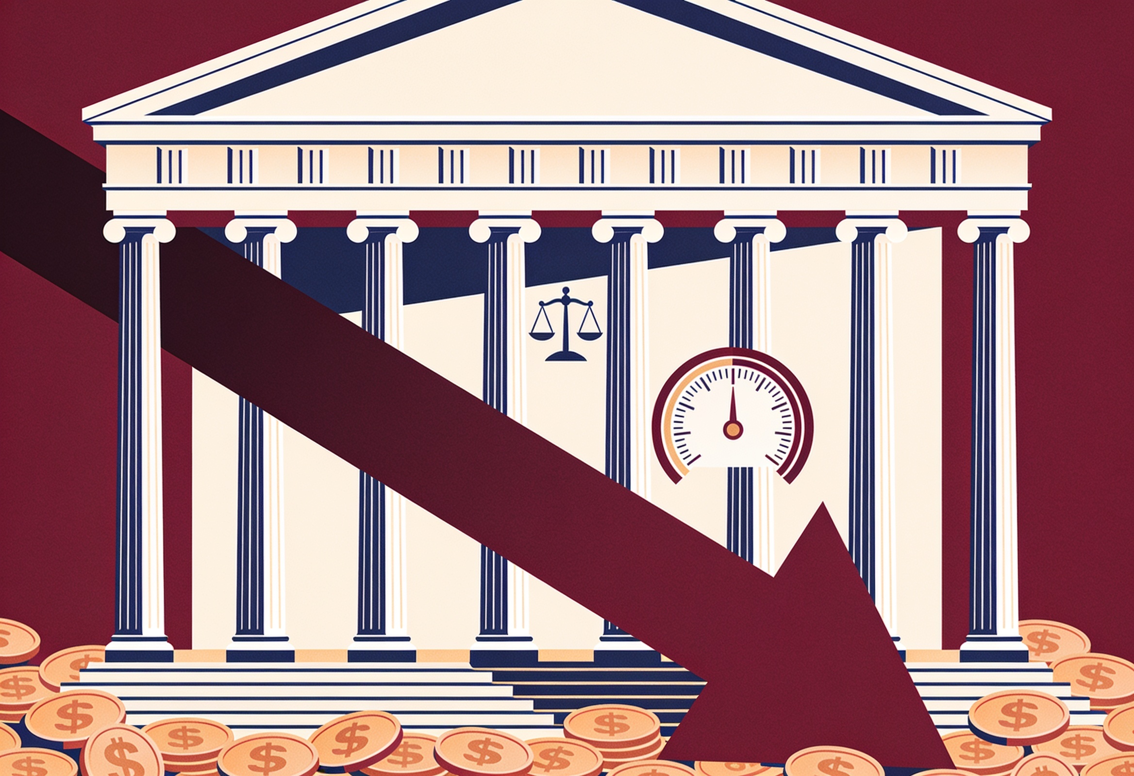 Flat illustration of a central bank with a downward interest-rate arrow and coin and balance-scale motifs