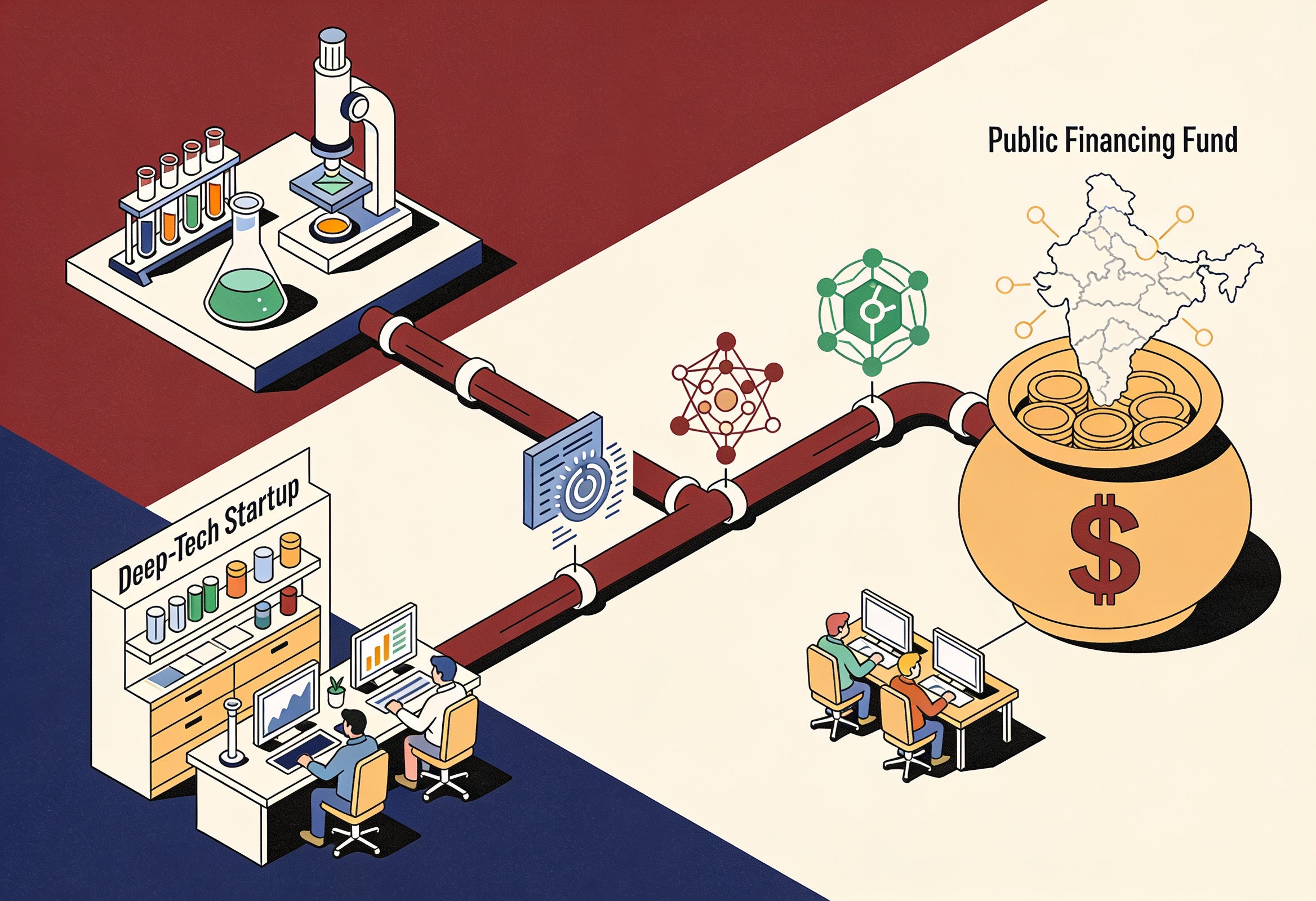 Editorial illustration of a public financing fund channelling capital into private research labs and deep-tech startups