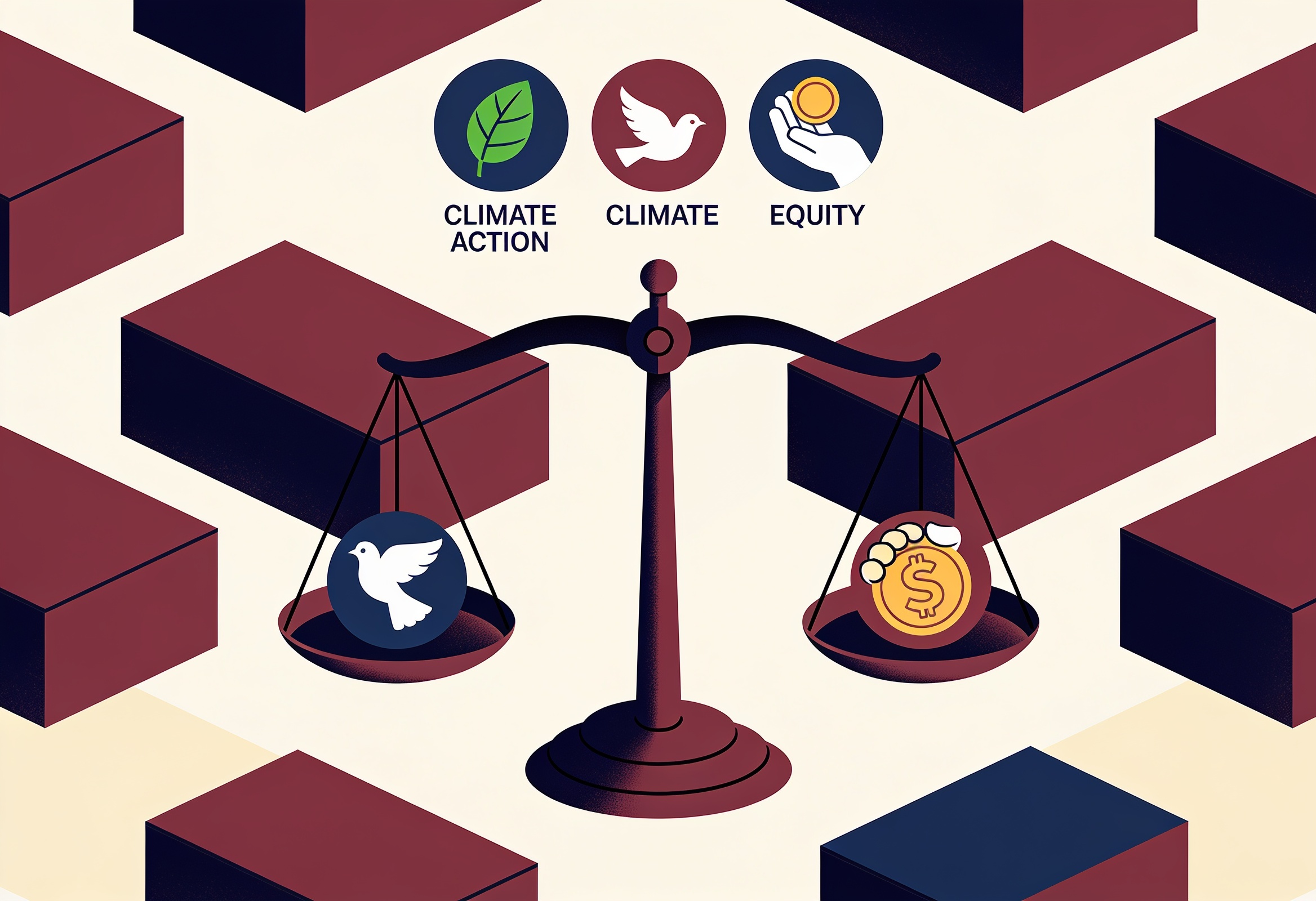 Flat editorial illustration of a balanced scale weighing a leaf, a dove and a hand-with-coin over a grid of abstract nation-blocks, symbolising fairness among nations.