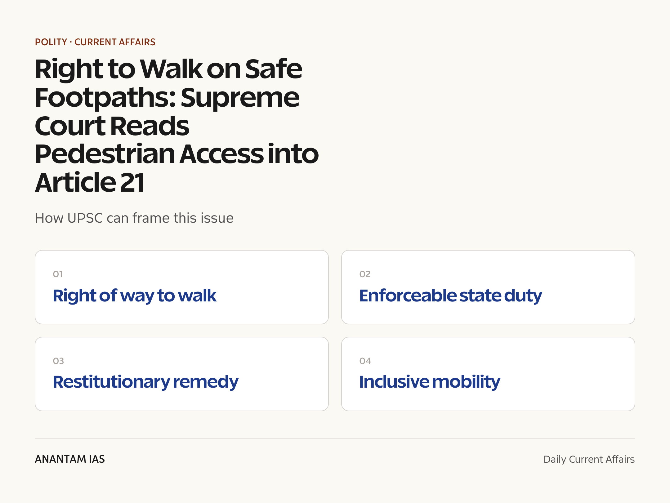Right to Walk on Safe Footpaths: Supreme Court Reads Pedestrian Access into Article 21 — exam lens