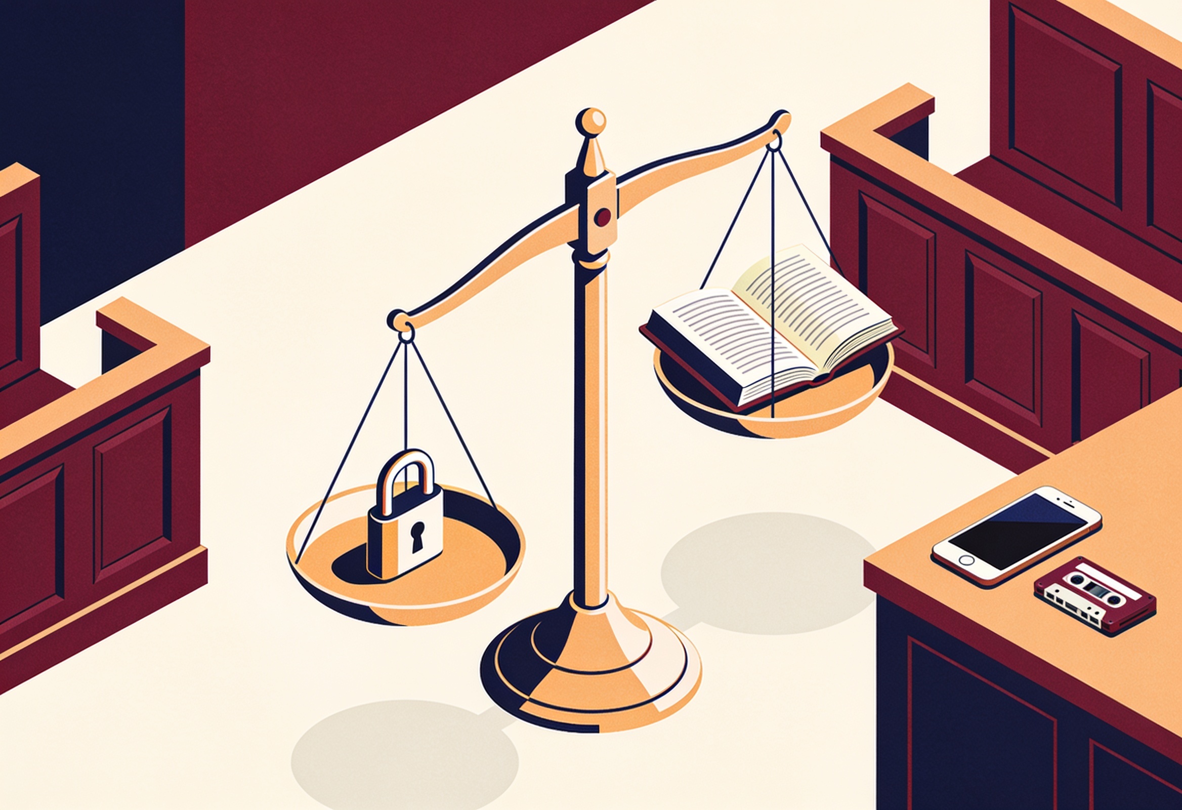 Illustration of scales balancing a padlock and an open law book in a courtroom, with a phone and a recording device on a table.