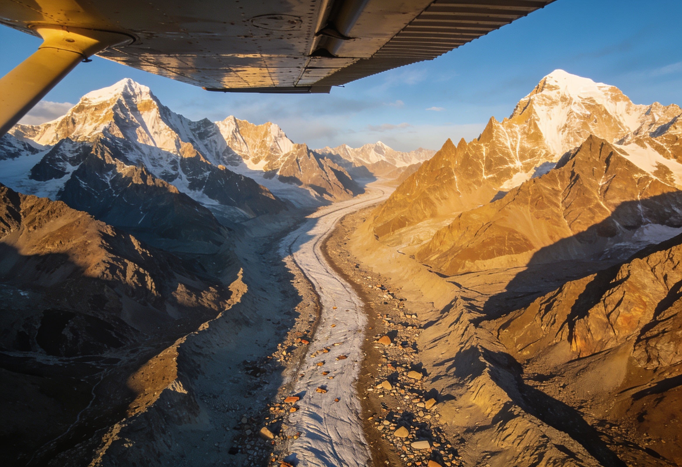 High glaciated peaks and a valley in the Karakoram range