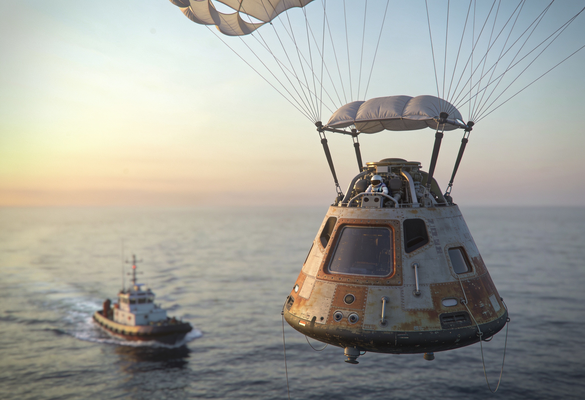 A space capsule descending under parachutes toward a calm ocean at dawn during a crewed mission splashdown.