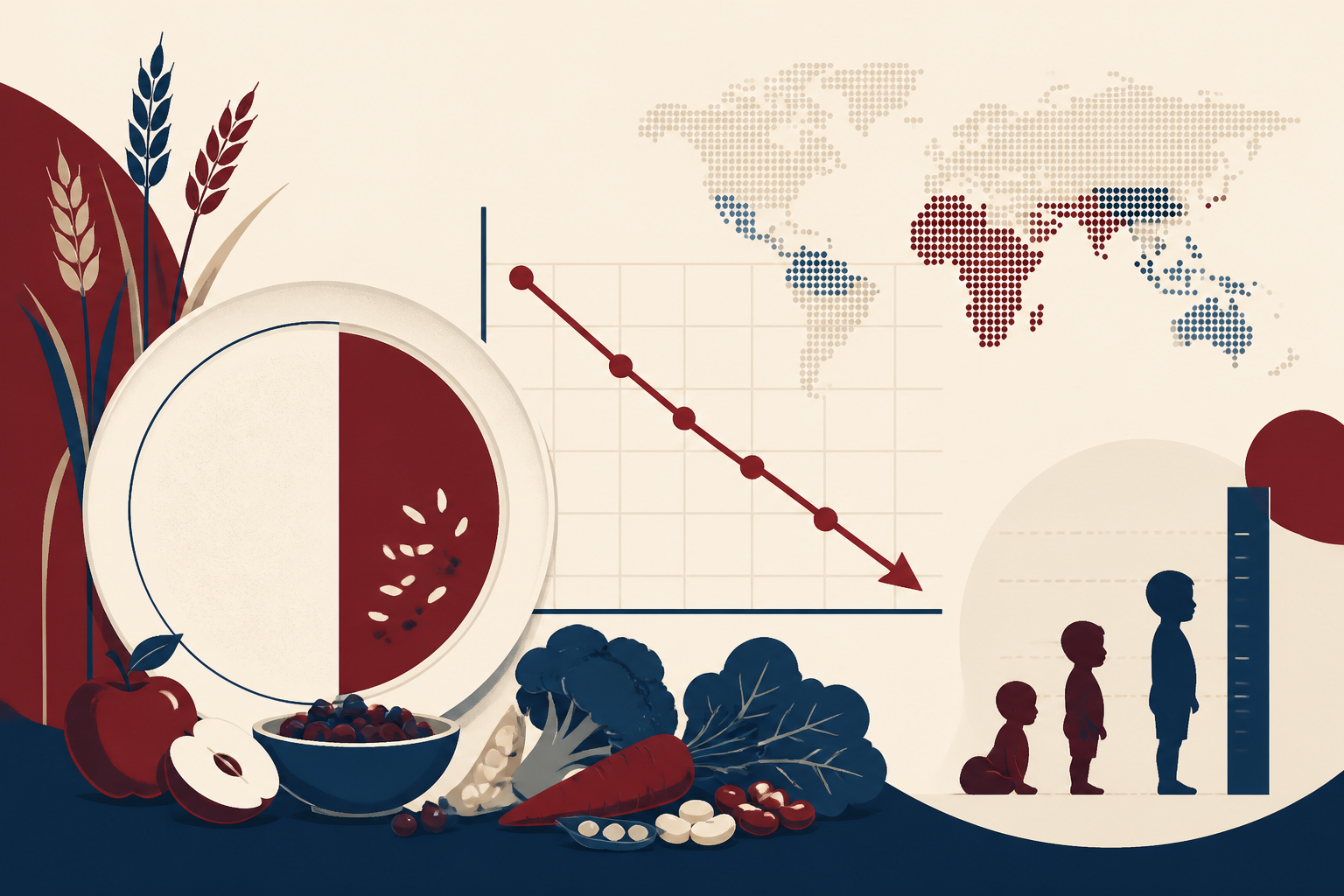 Editorial illustration of a plate beside a falling hunger graph and icons of grain, fruit and a child growth chart