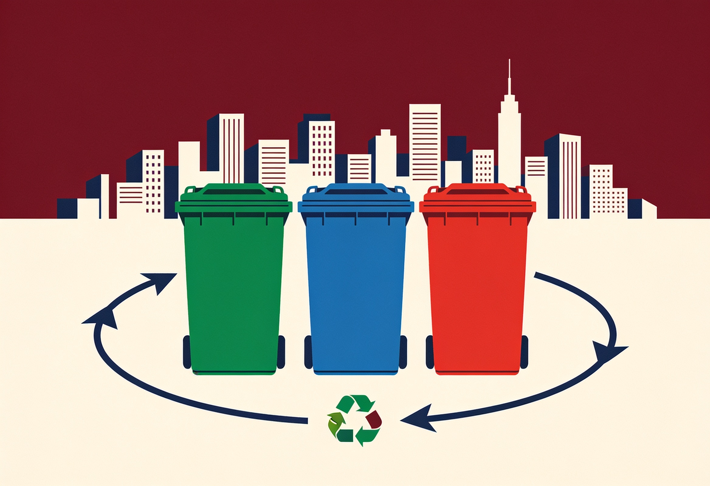 Flat editorial illustration of three colour-coded waste bins inside a recycling loop with a city skyline behind
