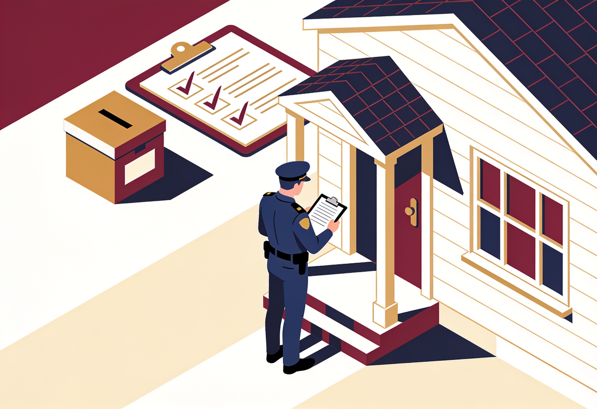 Editorial illustration of door-to-door electoral-roll verification by a field officer