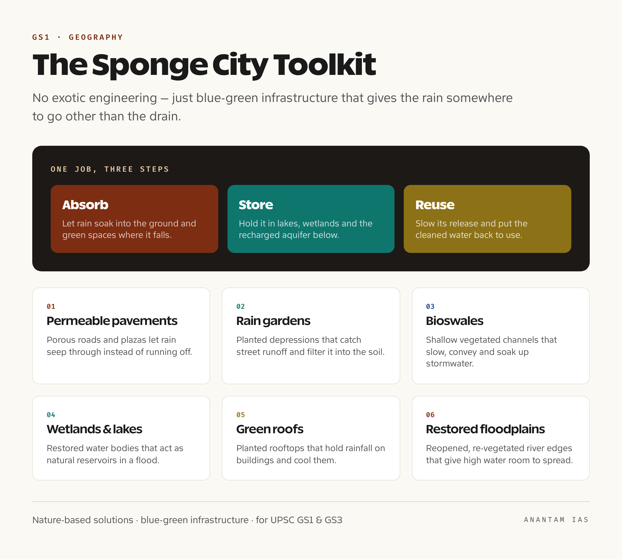 A grid of the main nature-based tools of a sponge city — permeable pavements, rain gardens, bioswales, restored wetlands, urban lakes and green roofs — arranged under the absorb, store and reuse idea
