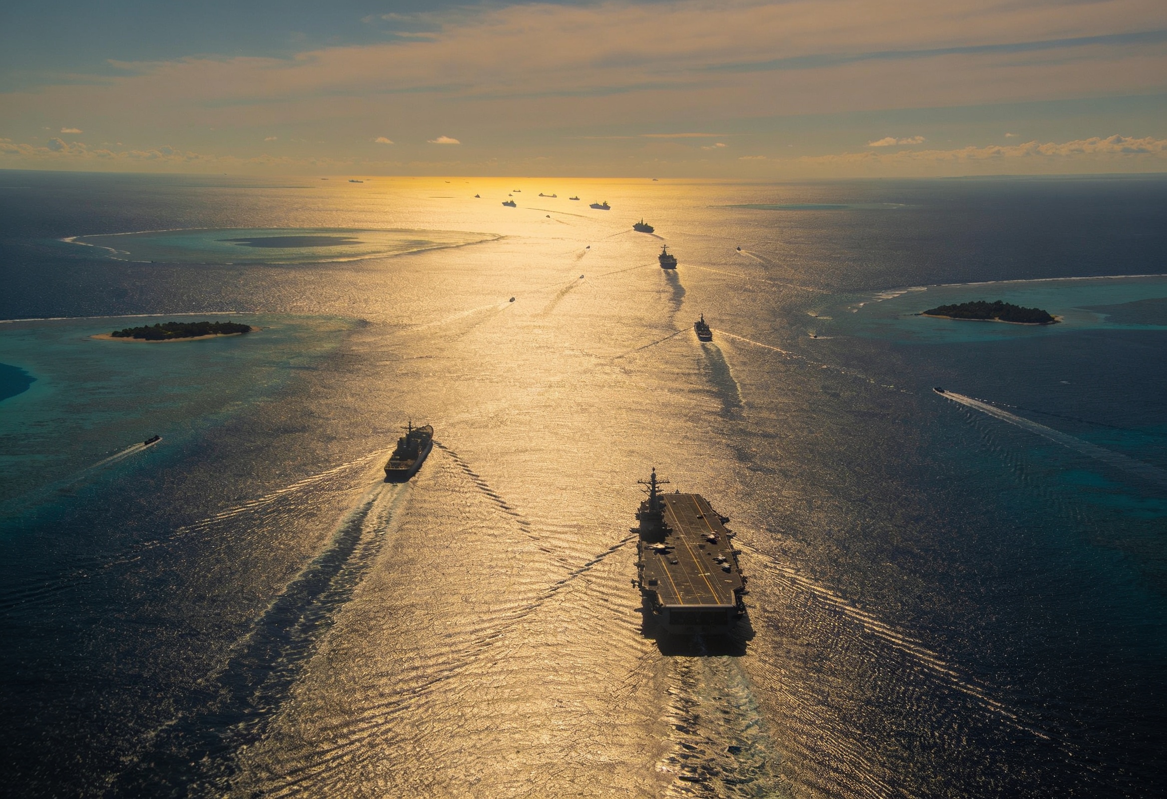Aerial view of two converging oceans with shipping lanes and naval vessels across a wide horizon