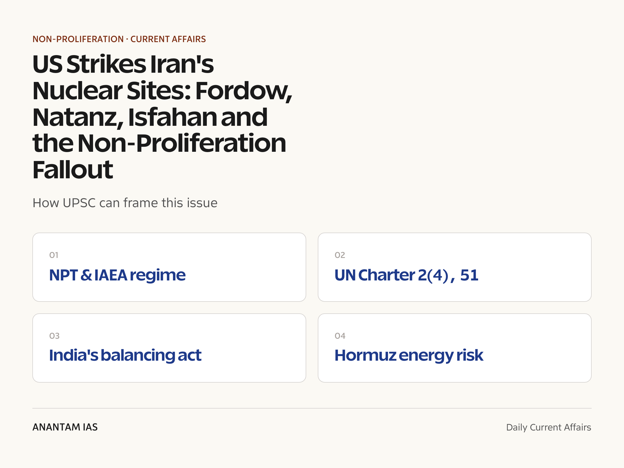 US Strikes Iran's Nuclear Sites: Fordow, Natanz, Isfahan and the Non-Proliferation Fallout — exam lens