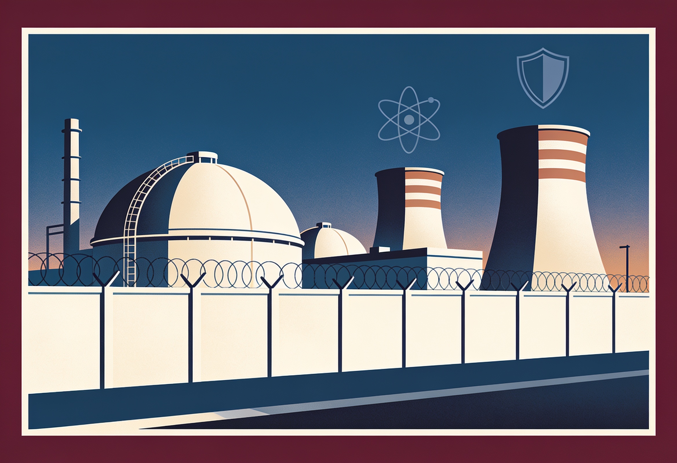 Illustration of a nuclear facility with containment domes behind a fence under a calm sky
