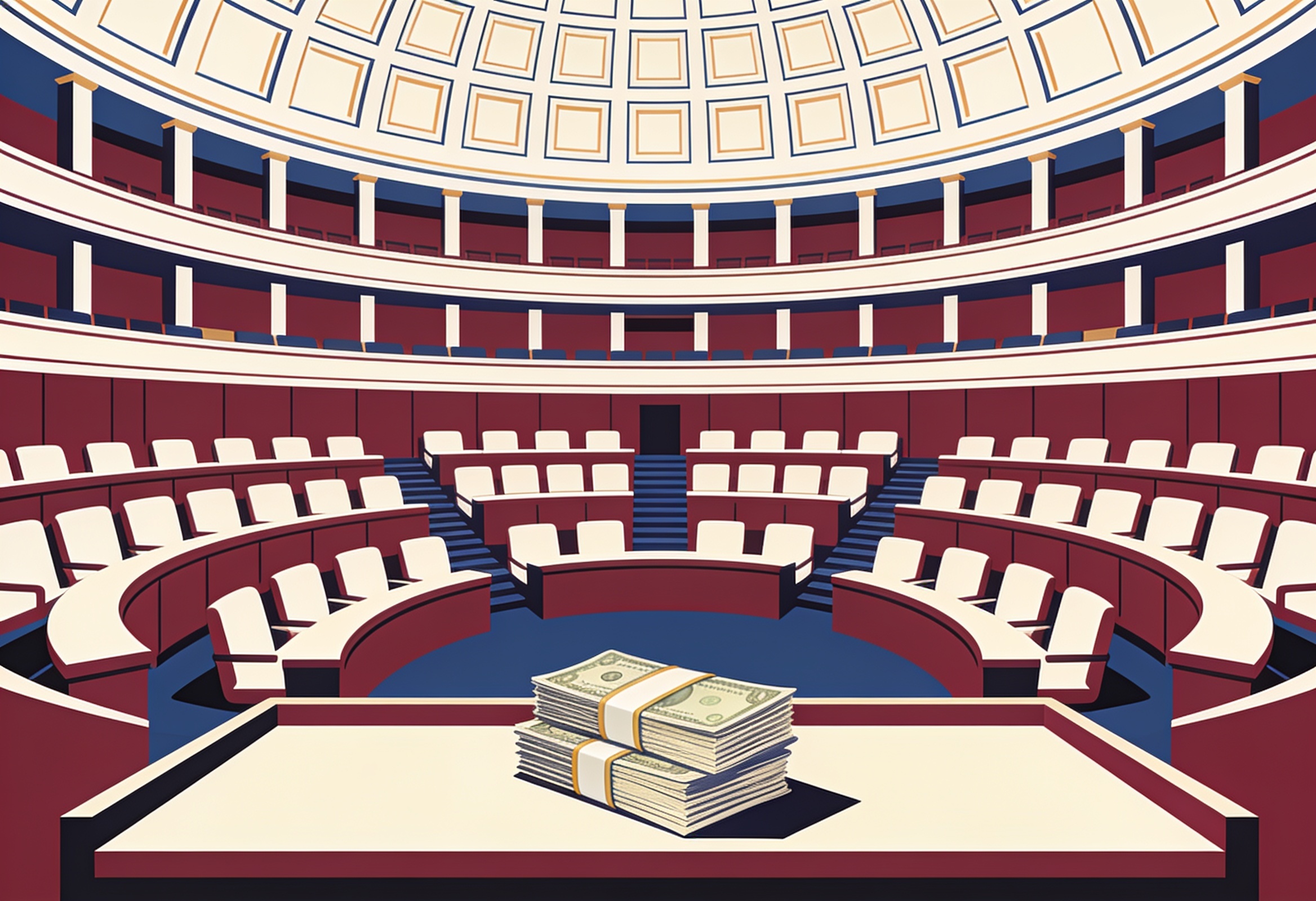 Editorial illustration of a parliamentary chamber with bound bills on a table