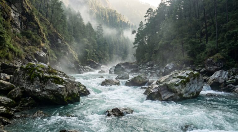 The turquoise Alaknanda river rushing through a forested Himalayan gorge