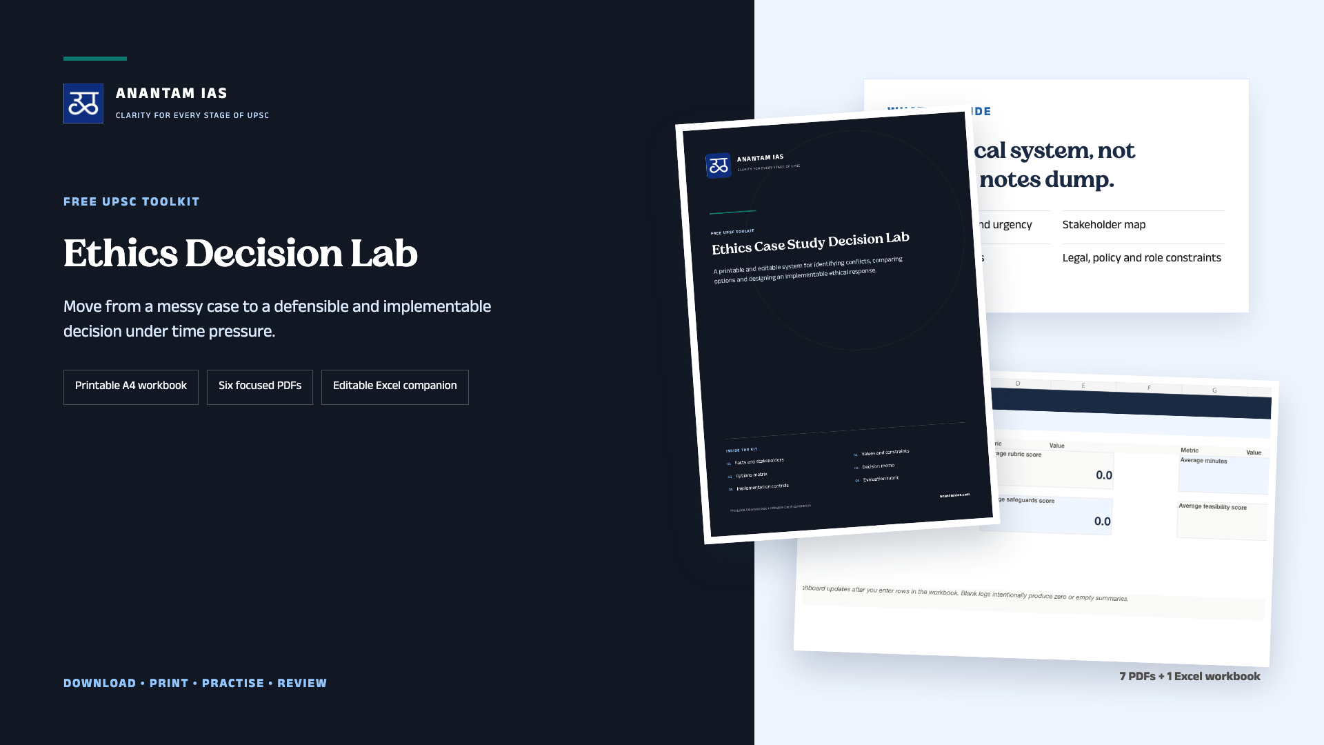 Ethics Decision Lab UPSC toolkit preview showing the printable workbook, focused PDFs and Excel companion