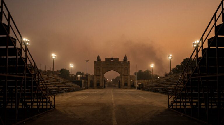 The ceremonial gateway and empty spectator stands at the Attari-Wagah border at dusk